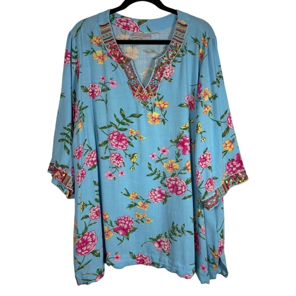 Belle by Kim Gravel Floral Embroidered Boho V-Neck Blouse Tunic Light Blue 3X